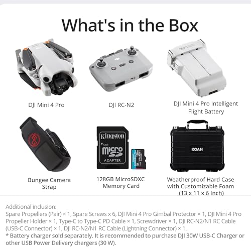 DJI Mini 4 Pro Drone with 128GB Card, Camera Strap and Hard Case- Lightweight and Foldable Mini Camera Drone with 4K HDR Video (4 Items)