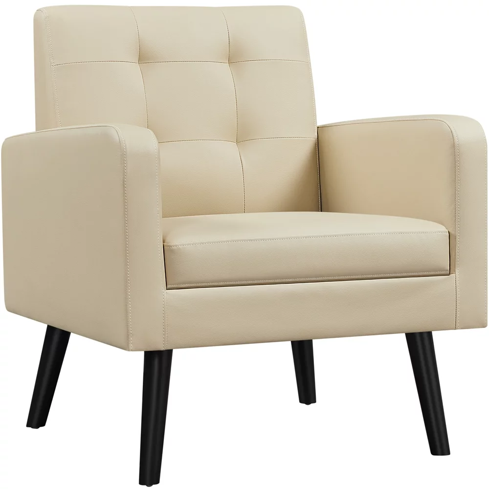 SmileMart Mid Century Faux Leather Tufted Accent Chair for Living Room, Beige