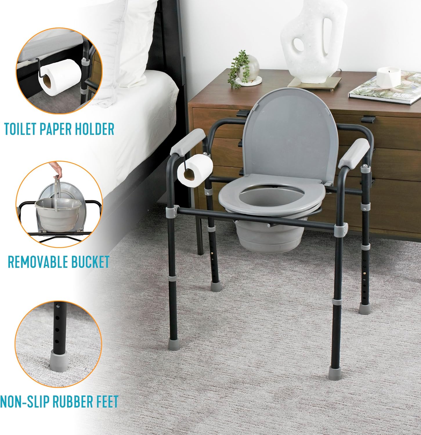 Able Life Universal Bedside Commode, Extra Wide 3-in-1 Adjustable Toilet Safety Rail, Shower Chair and Portable Toilet, Handles for Seniors/Elderly Adults, Camping Commode Chair, Removable Bucket