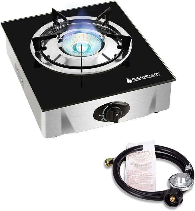 Camplux Propane Stove with Auto Ignition, Single Burner Propane Stoves 9,500 BTU, Tempered Glass Gas Cooktop
