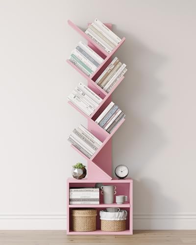 SUNMORY 6 Tier Tree Bookshelf, Tall Bookcase with Storage Cabinet, Modern Narrow Bookshelves Organizer, Floor Standing Book Shelf for Bedroom/Living Room/Home Office/Corner, Pink