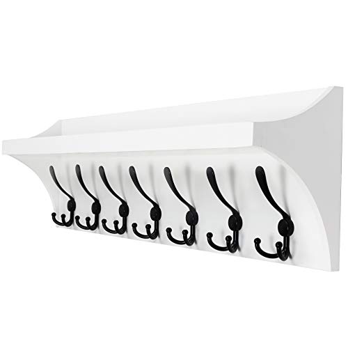 Dseap Wall Shelf with 5 Tri Hooks - 24” Heavy Duty Coat Rack Wall Mount with Shelf, Entryway Shelf with Hooks Underneath - Solid Pine Wood - for Entryway, Mudroom, Kitchen, Bathroom, White