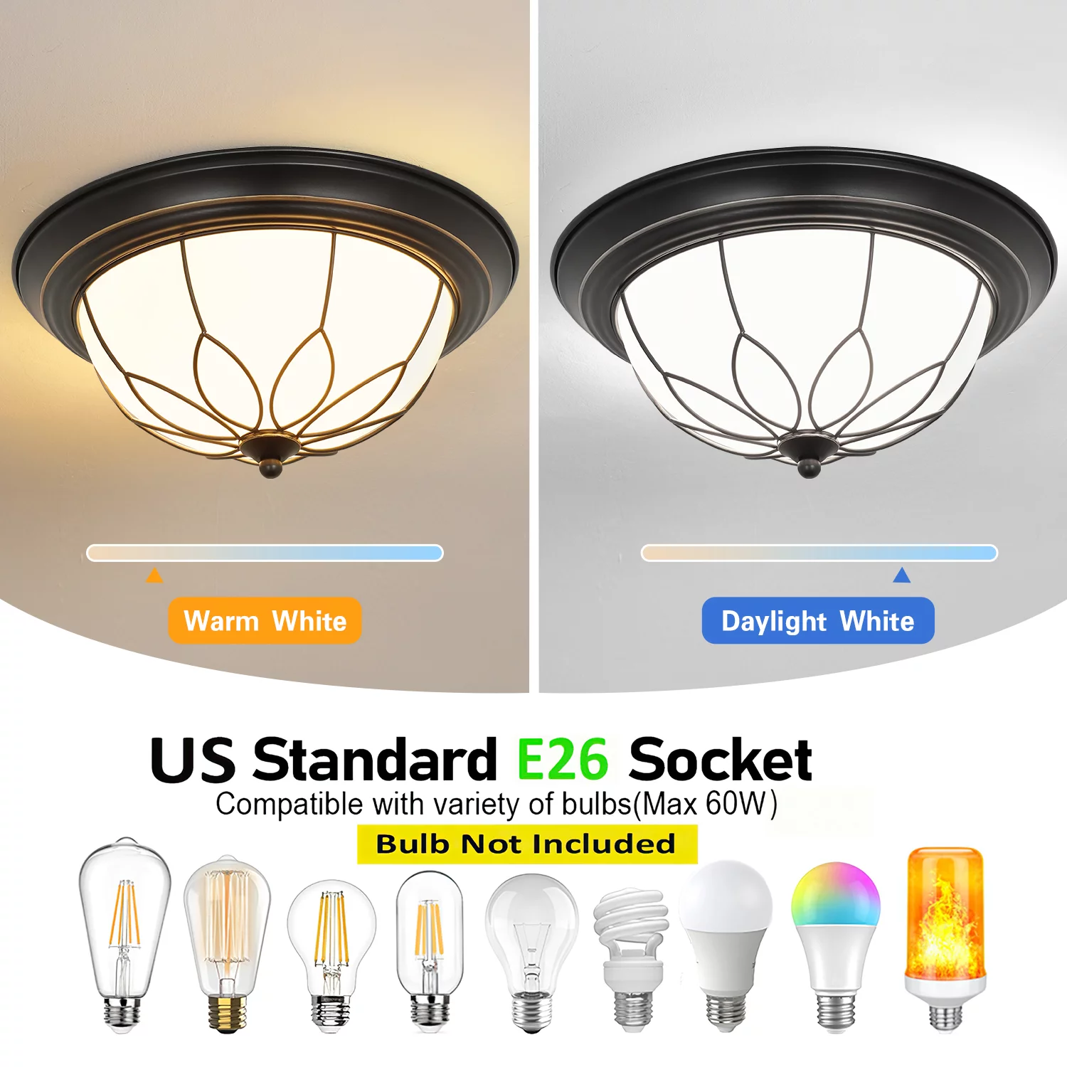 Depuley Glass Flush Mount Ceiling Light Fixture, Vintage Ceiling Light Close to Ceiling Light for Living Room Bedroom Kitchen Hallway Patio, E26 Socket
