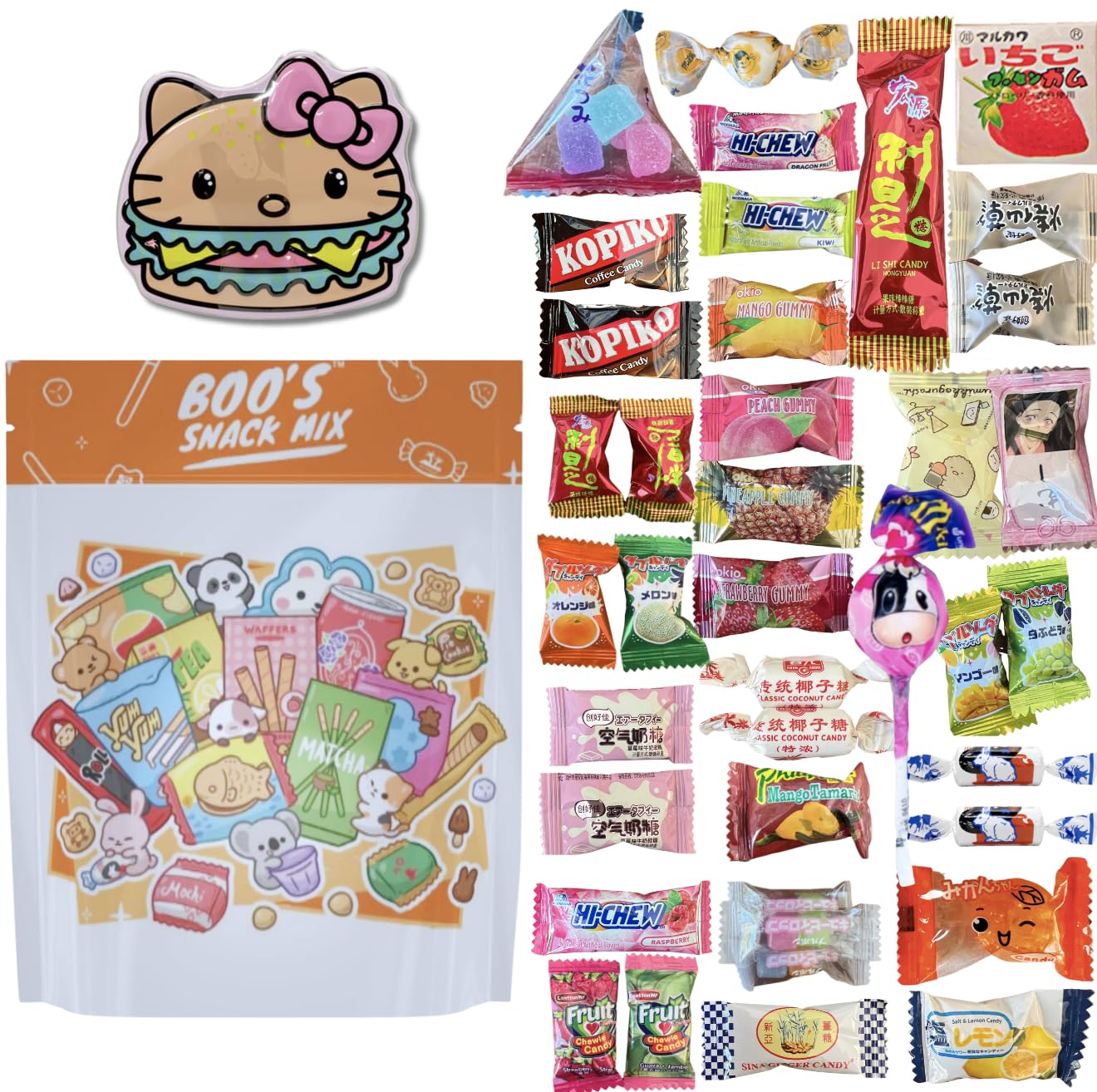 Boo's Snack Mix, 40pc, Asian Mystery Candy Mix with Kawaii Character Tin, bag, and sticker. Japanese, Korean, Chinese, Filipino Candies.