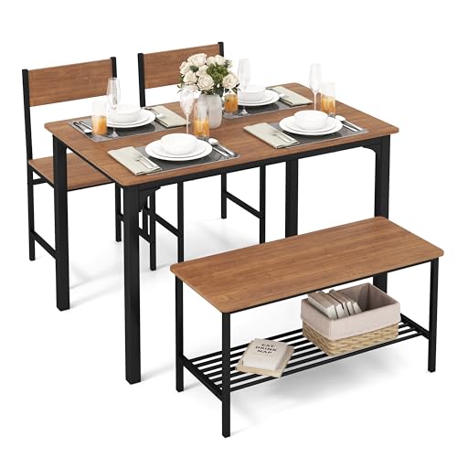 Tangkula Dining Table Set for 4, Kitchen Table and 2 Chairs for 4 with Bench, 4 Piece Dining Table Set for Small Space, Apartment