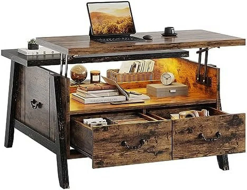 xrboomlife Lift Top Coffee Table for Living Room  Mid Century Modern Wood Coffee Table with Led Lights &  Drawers  Dual Color Tabletop Industrial Coffee Table (Rustic Brown+Golden Bla