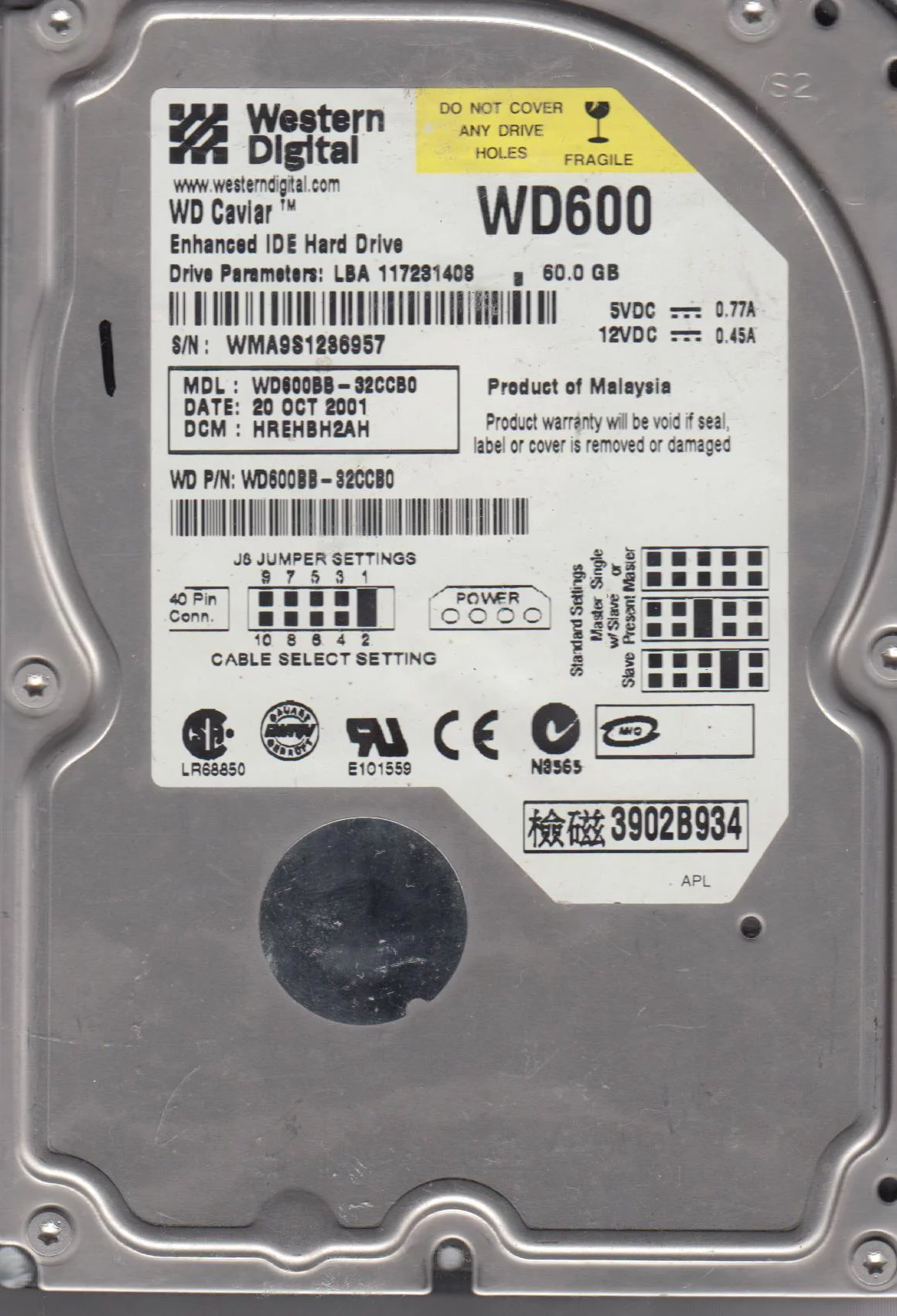 WD600BB-32CCB0, DCM HREHBH2AH, Western Digital 60GB IDE 3.5 Hard Drive