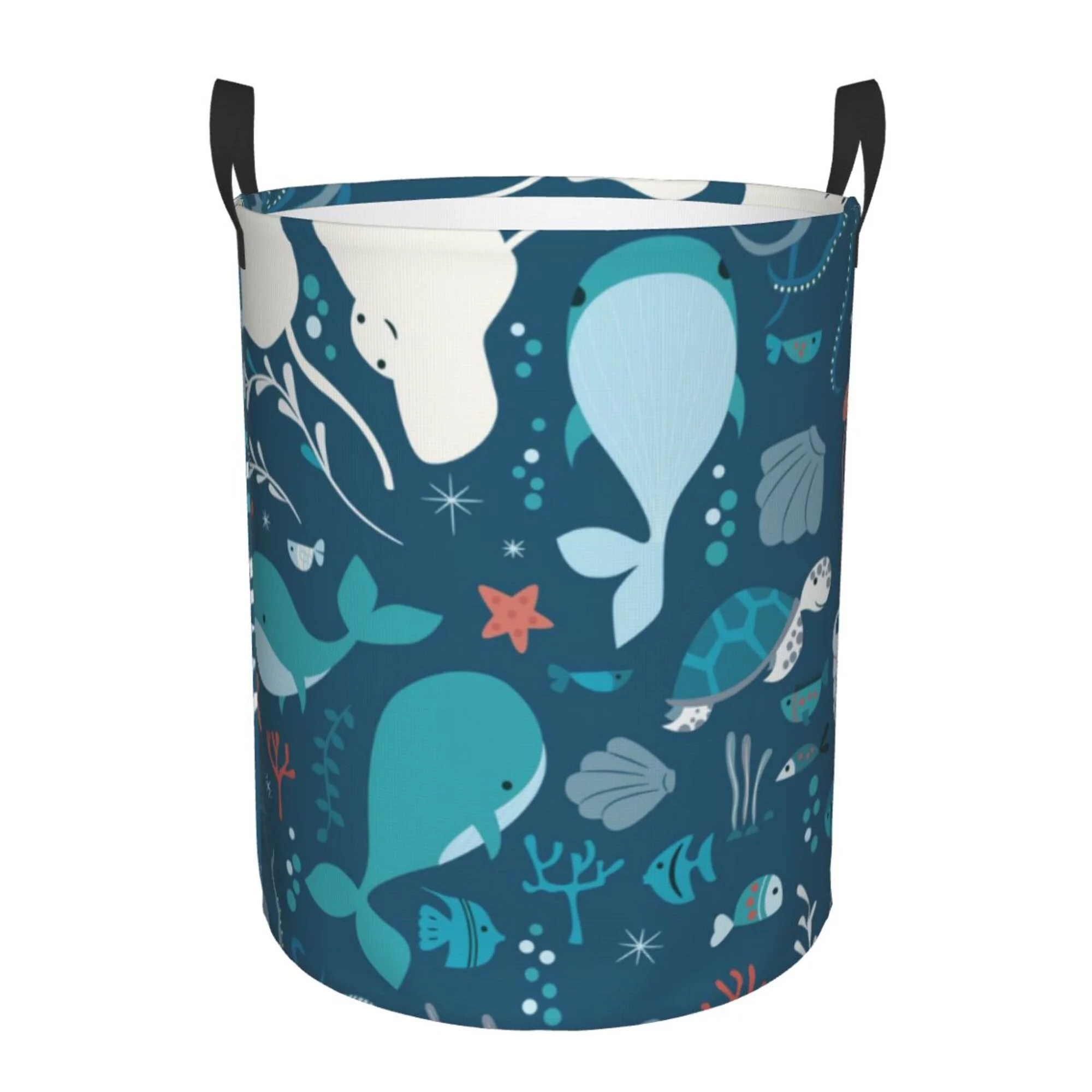 XMXY Round Laundry Basket Organizer, Sealife Fish Whale Waterproof Collapsible Dirty Clothes Basket Laundry Hamper, Medium Size