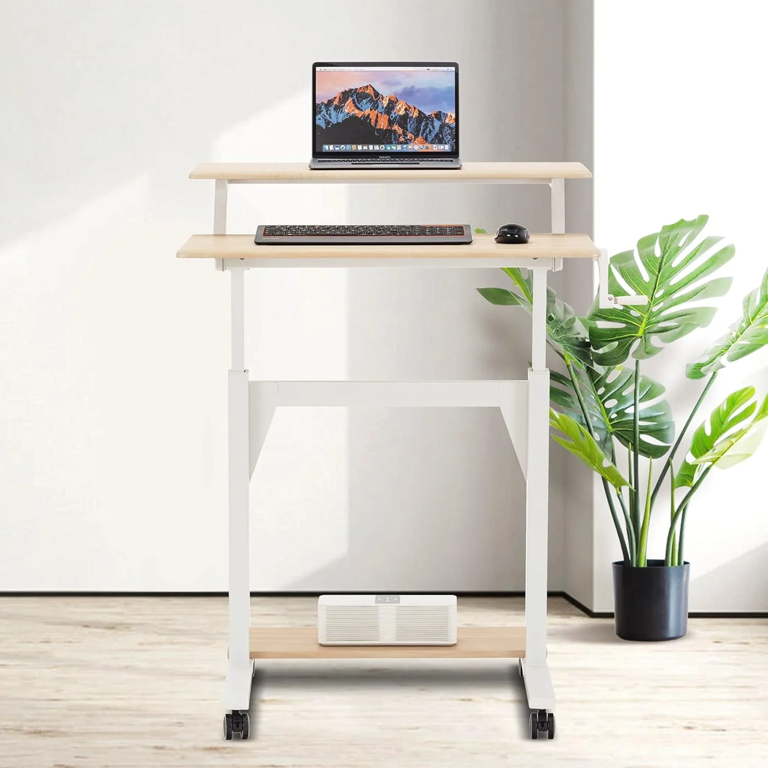 Crank Adjustable Height Standing Desk, 2 Tier Adjustable Sit To Stand Up Desk, Mobile Standing Desk, Rolling Table  (White Frame/Light Oak Top-2T-Crank)