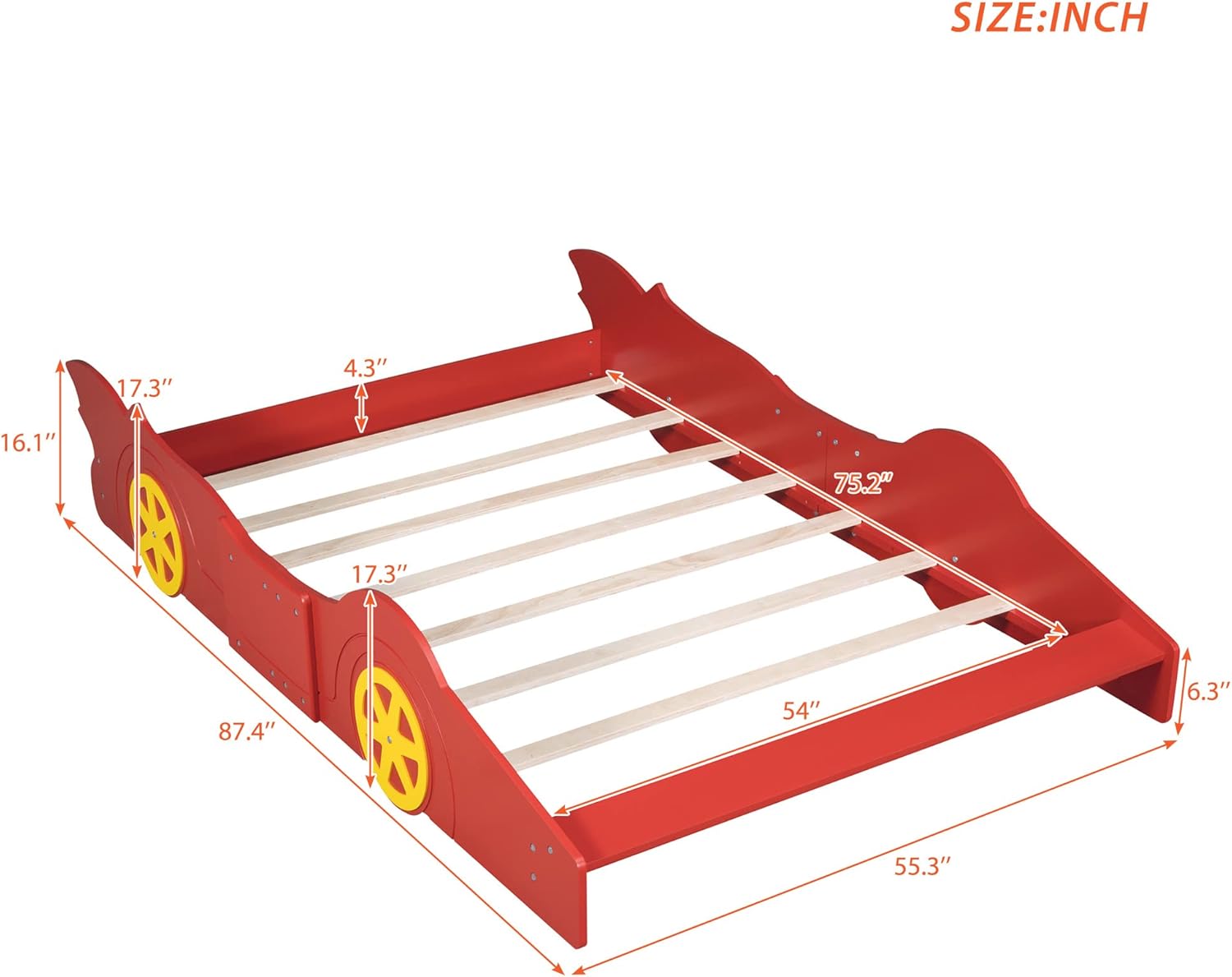 Full Size Race Car-Shaped Platform Bed with Wheels, Kids Car Bed, Wooden Car Shaped Platform Bed Frame for Kids Boys Girls Bedroom, No Box Spring Needed, Rails Design On Both Side, Full, Red