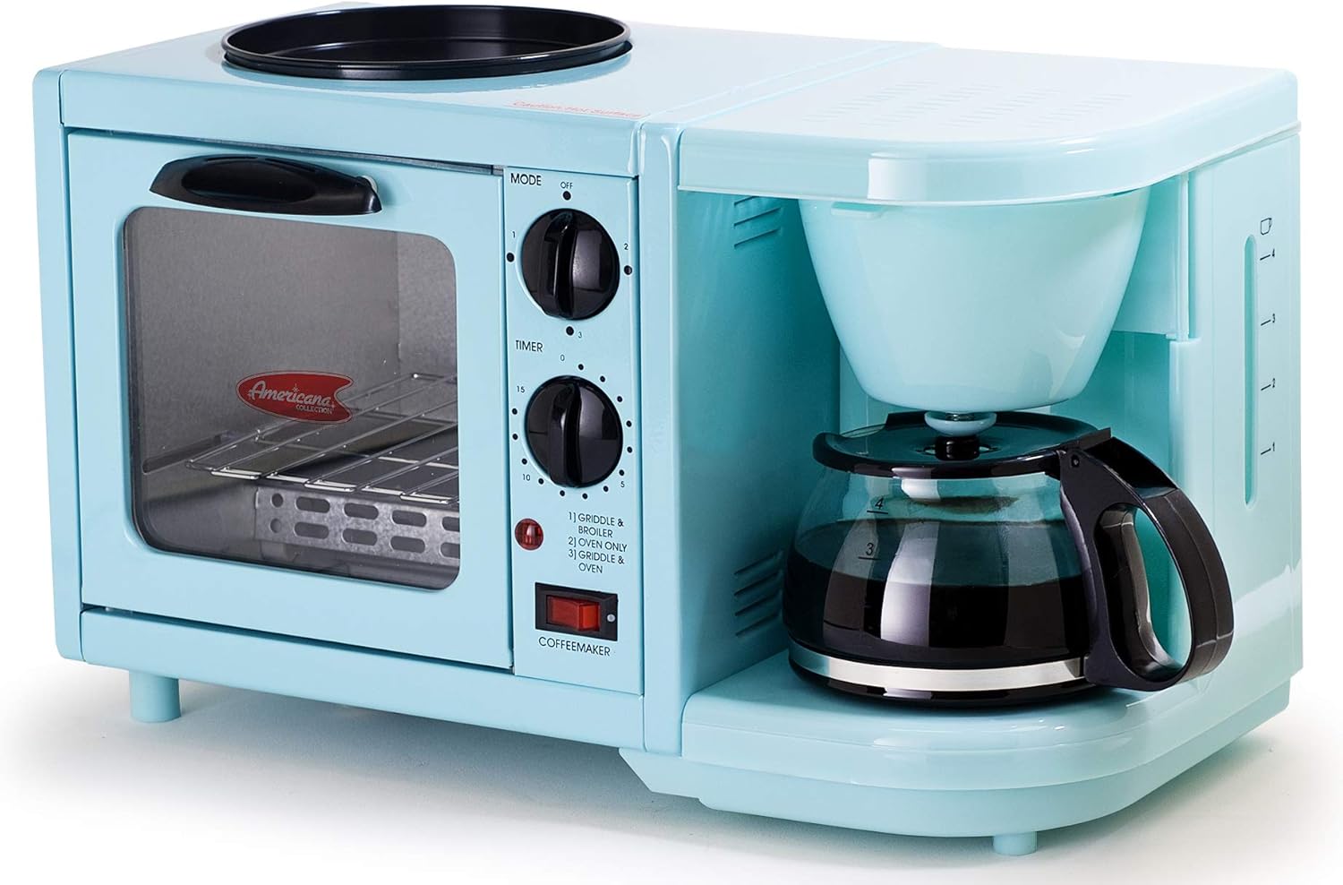Americana EBK-200BL Retro Nostalgia 3-in-1 Breakfast Maker Station, 4 Cup Coffeemaker, Toaster Oven with Timer, Griddle, Aqua
