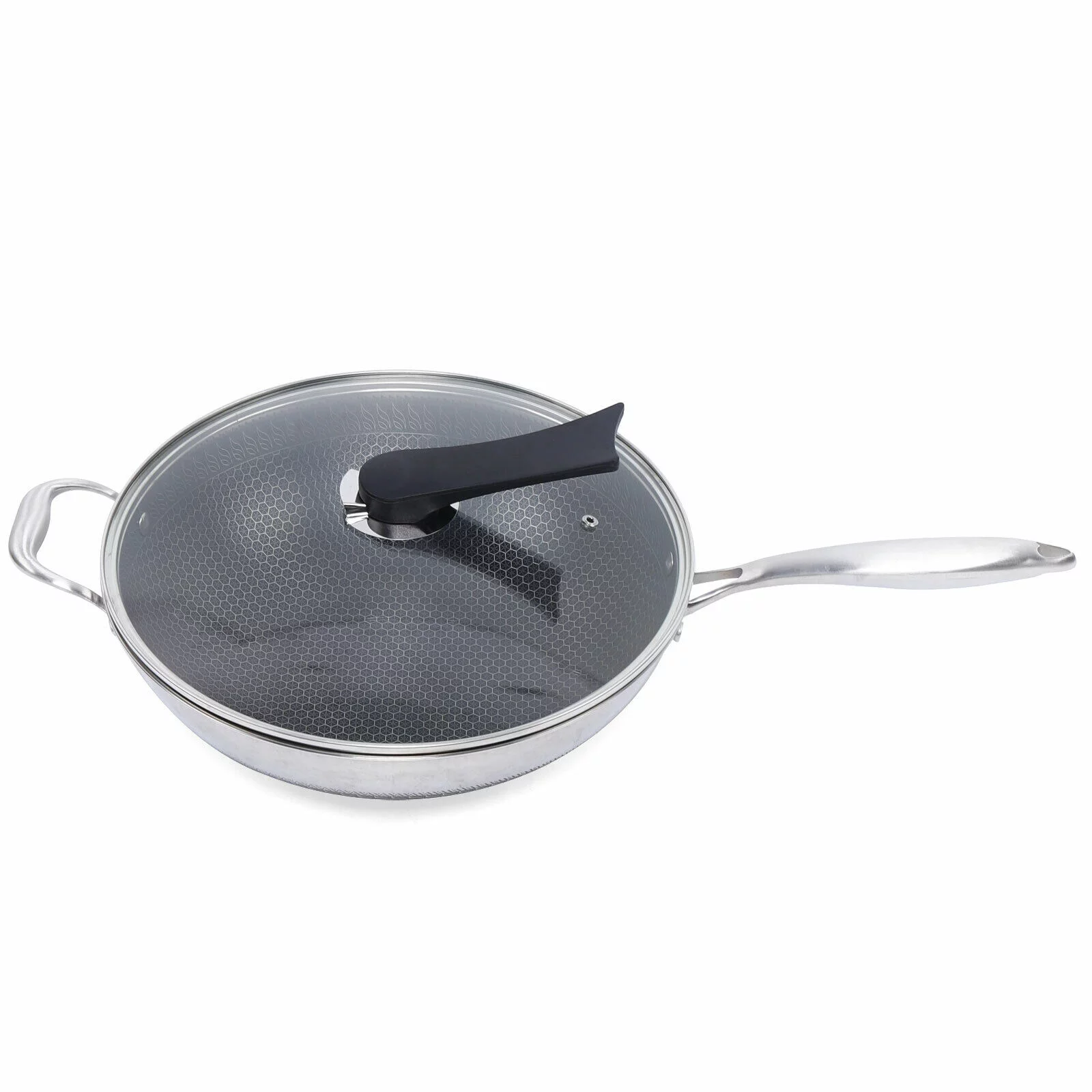 Non Stick Double Sided Honeycomb Cooking Frying Wok Pan with Lid Stainless Steel
