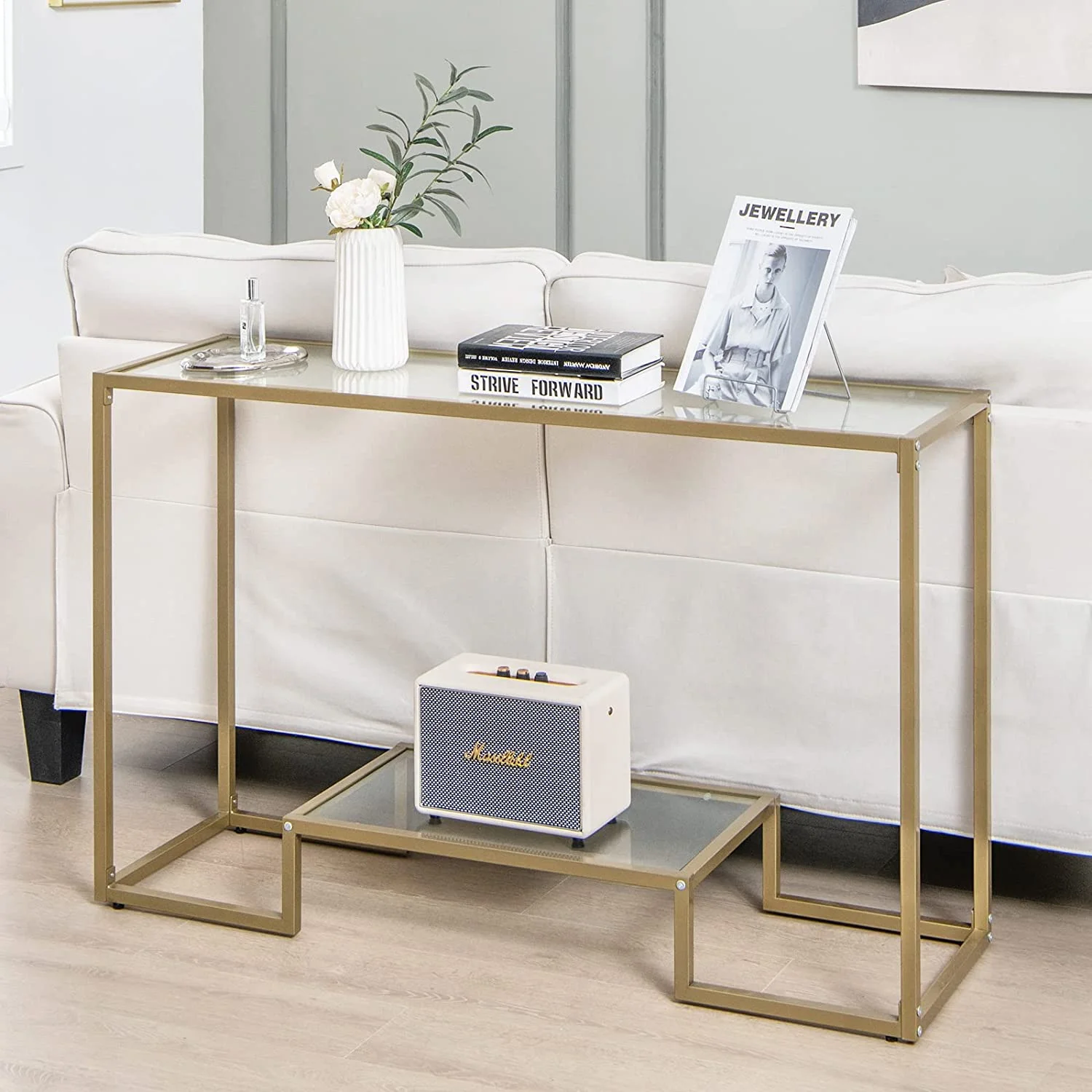 TJUNBOLIFE 48\u201D 2-Tier Console Table  Modern  Entryway Table with Tempered Glass Tabletop & Golden Metal Frame  Multifunctional Narrow Sofa Table with    for Hallway  Entrance