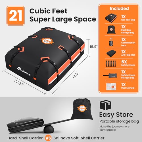 Sailnovo Car Rooftop Cargo Carrier 21 Cubic Feet, Waterproof 1000D PVC Car Roof Bag with Anti-Slip Mat, Combination Lock, Storage Bag, Door Hooks & Tie-Down Strap fit Vehicle with/Without Luggage Rack
