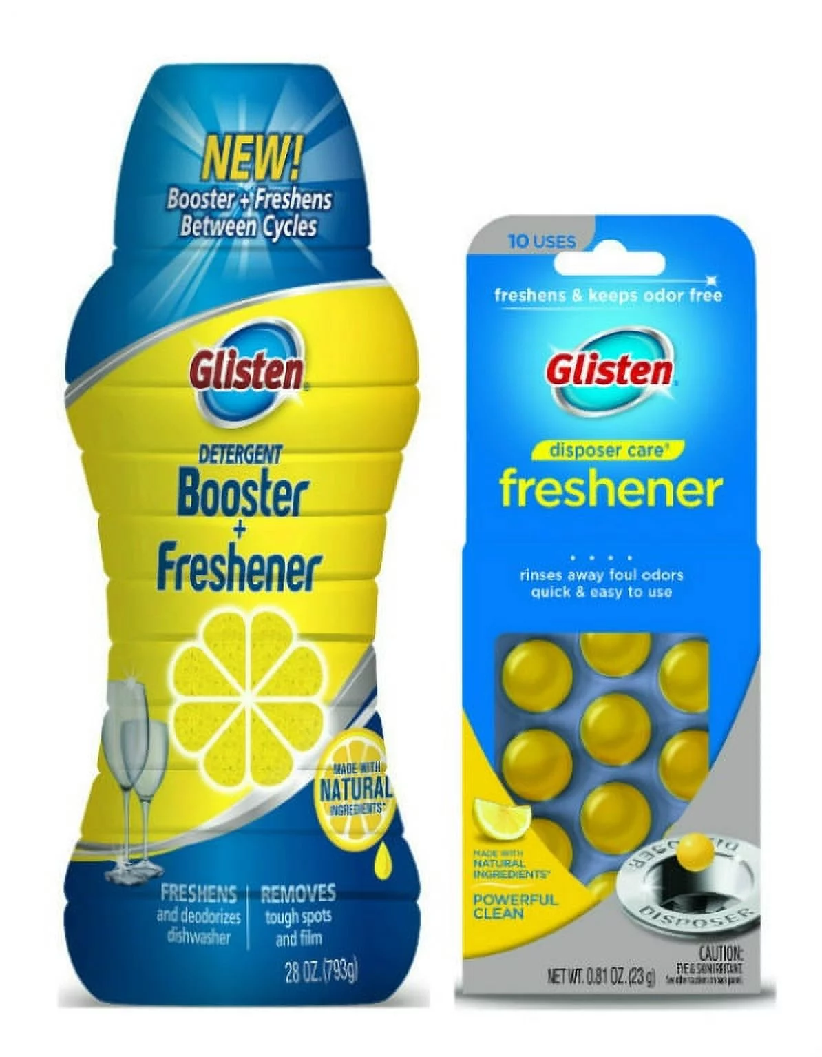 Glisten Dishwasher Detergent Booster + Freshener, 28 oz, and Garbage Disposal Freshener, 10 Capsules
