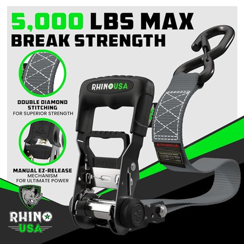 Rhino USA Ratchet Straps Heavy Duty Kit (4-Pack) - 1.6 Inch x 8 Feet (5,208lb Break Strength) - Ultimate Tie Down Straps with Safety S Hooks for Trucks, ATV, UTV, Motorcycle, Cargo & More - Black