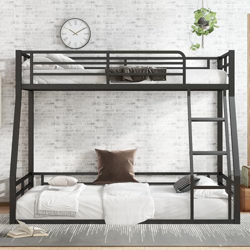Heavy Duty Bunk Bed Frame with Ladder, Twin XL Over Twin XL Bunk Beds with Safety Guardrails, Adults Bunk Beds with Noise-Reducing Rubber Stoppers, Easy Assemble, Black