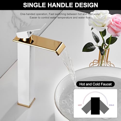White Gold Faucet Bathroom Vessel Sink Golden Waterfall Spout Faucet Single Handle Bowl Sink Faucet Modern Single Hole Basin Vanity Tall Bathroom Sink Faucet with Pop Up Drain Stopper Supply Hose
