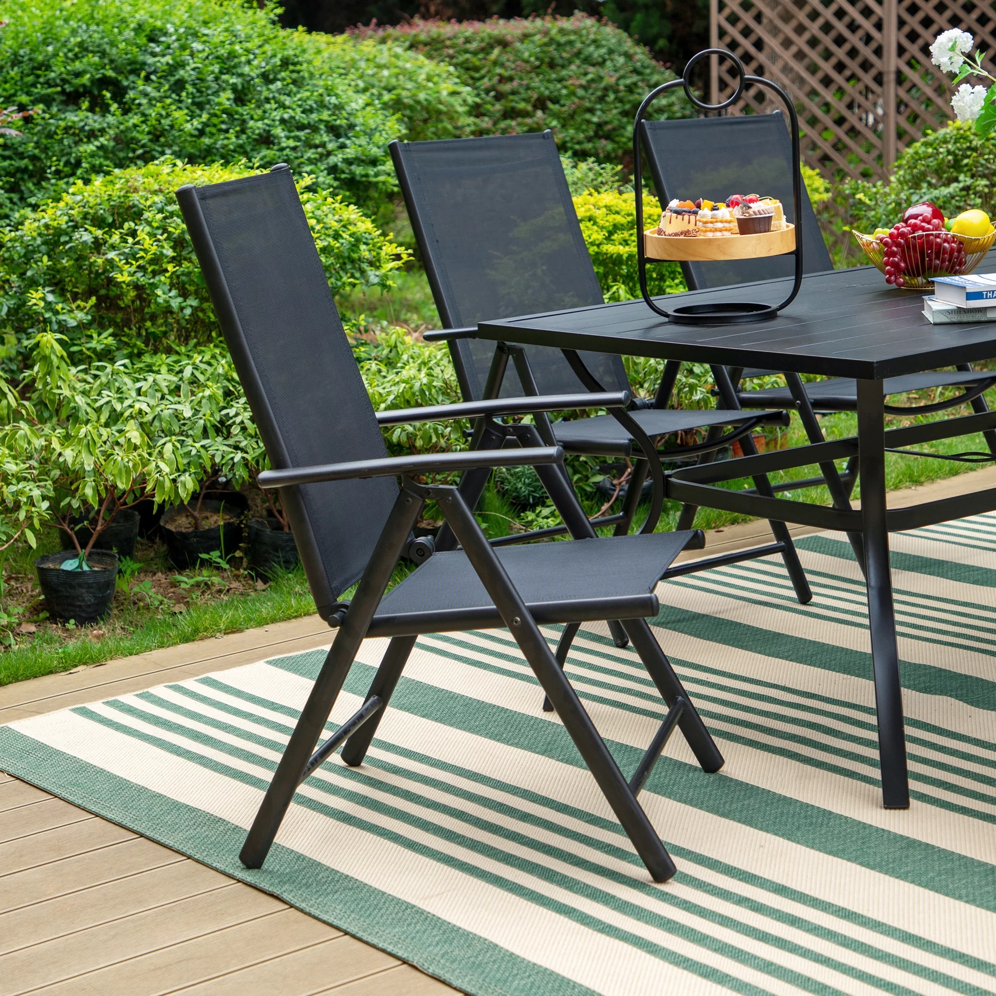 MF Studio 7-Piece Outdoor Patio Dining Set with 7-Level Adjustable Aluminum Folding Sling Chairs&Large Table, Breathable Seats for Summer&Dinner, Black