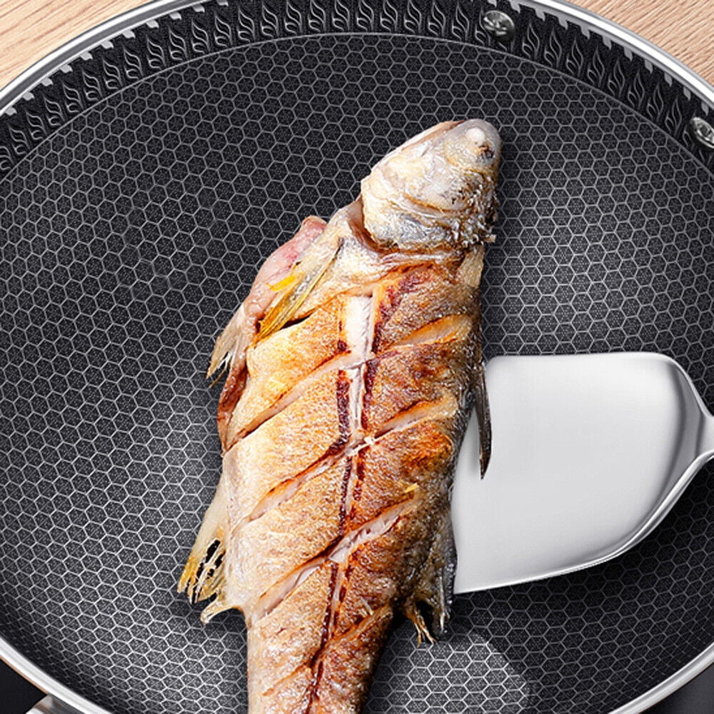 DENEST Double Sided Honeycomb Non-stick Cooker Frying Pan Stainless Wok w/ Glass Lid