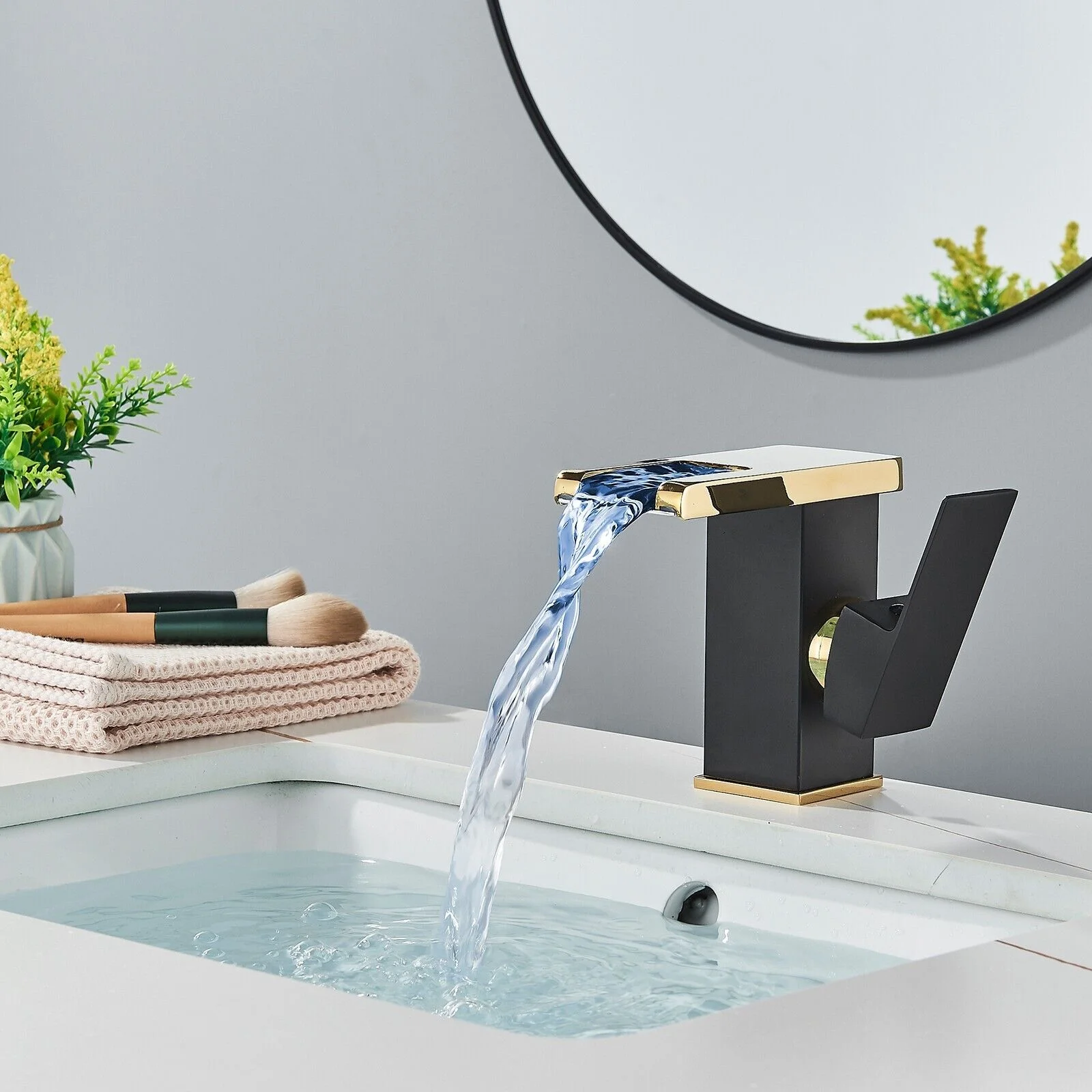 Waterfall Bathroom Faucet with LED Light 3 Color Changing Stainless Steel Spout Single Handle Commercial Lavatory Vanity Sink Faucets One Hole Bath Basin Deck Mount with Water Supply Lines, Black&Gold
