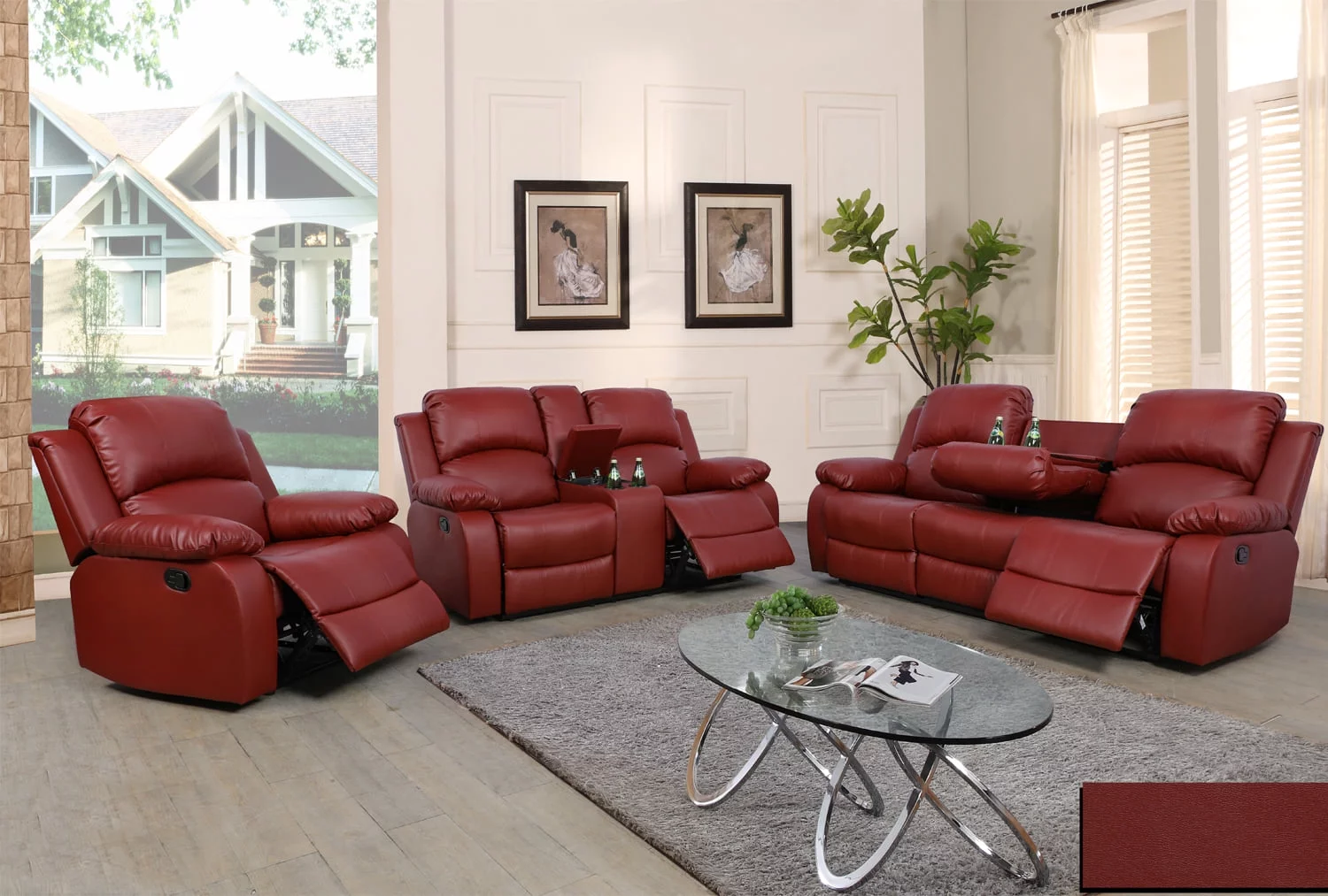 Ainehome Red Leather Reclining Sofa + Loveseat Set Living Room Recliner Set