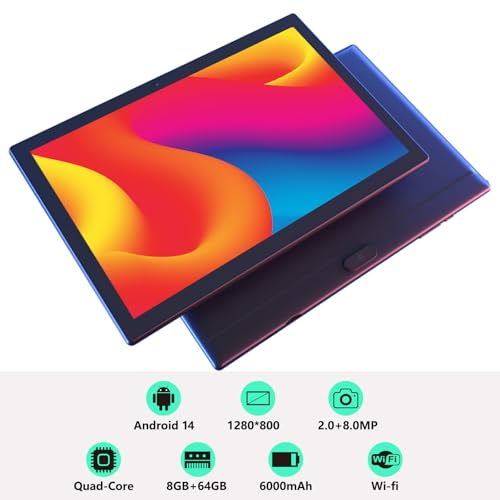 Tablet 2 in 1 Tablets 10 inch Android 14 Tablet Set with Keyboard Case Mouse Stylus Film, 8GB+64GB Tablets 10.1