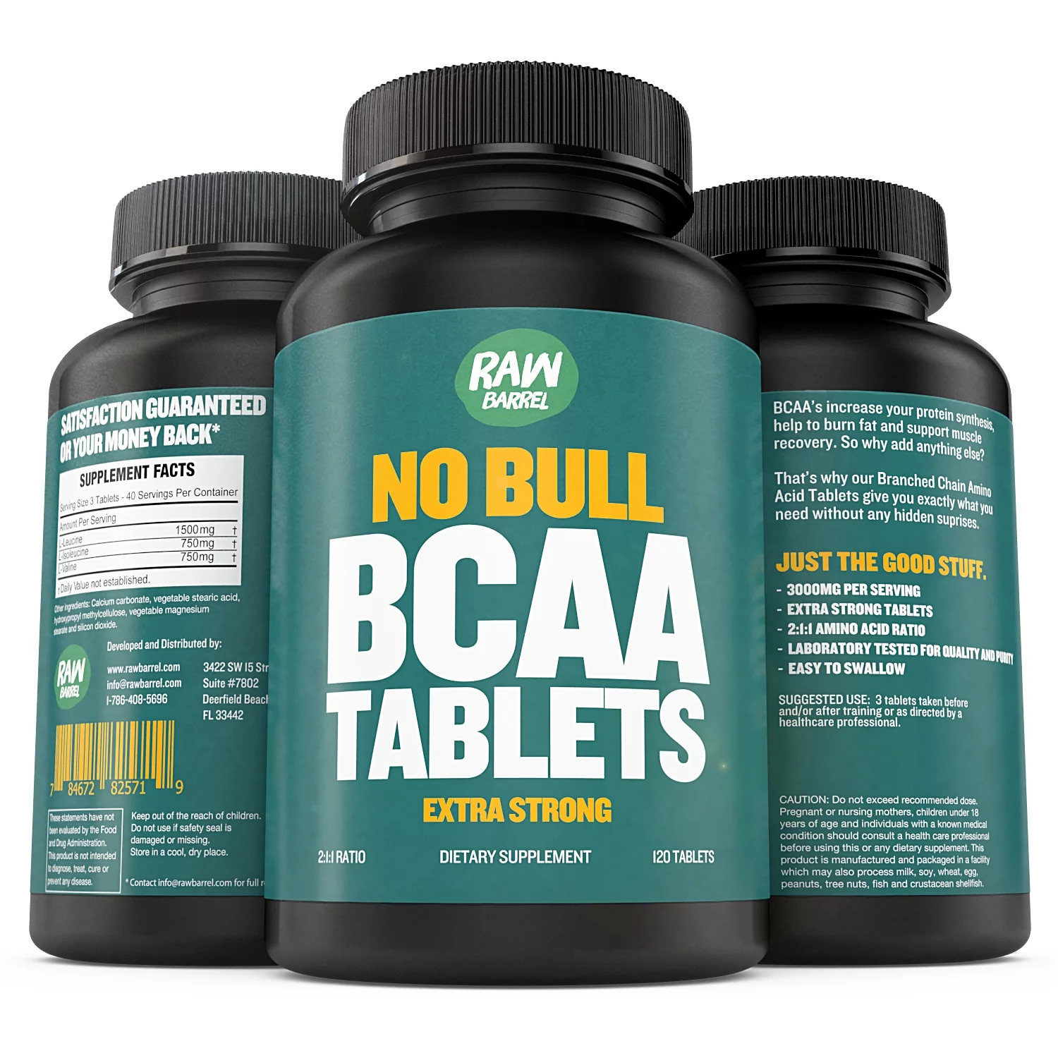 BCAA Tablets - 120 Pills, Extra Strong 1000mg Per Tablet - 2:1:1 Branched Chain Amino Acid Ratio Supplement - Non-GMO Natural Ingredien's - by Raw Barrel