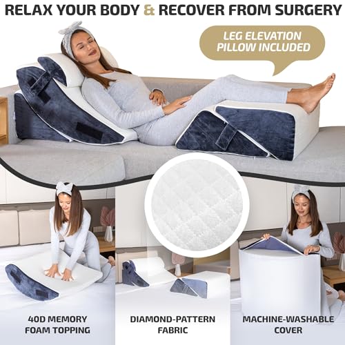 5 Pcs Adjustable Relaxing System w/Leg Elevation Pillow - Perfect Orthopedic Pillow Set for After Surgery - Memory Foam Bed Wedge Pillows for Back Support (Grey with Cooling Fabric)