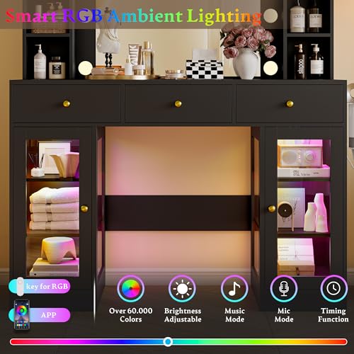 Makeup Vanity Desk with Mirror and Lights, White Vanity with Glass Top, LED Lights & Power Outlet, 3 Drawers & 2 RGB Glass Cabinets, Adjustable Lighted Dressing Table for Women & Girls Bedroom