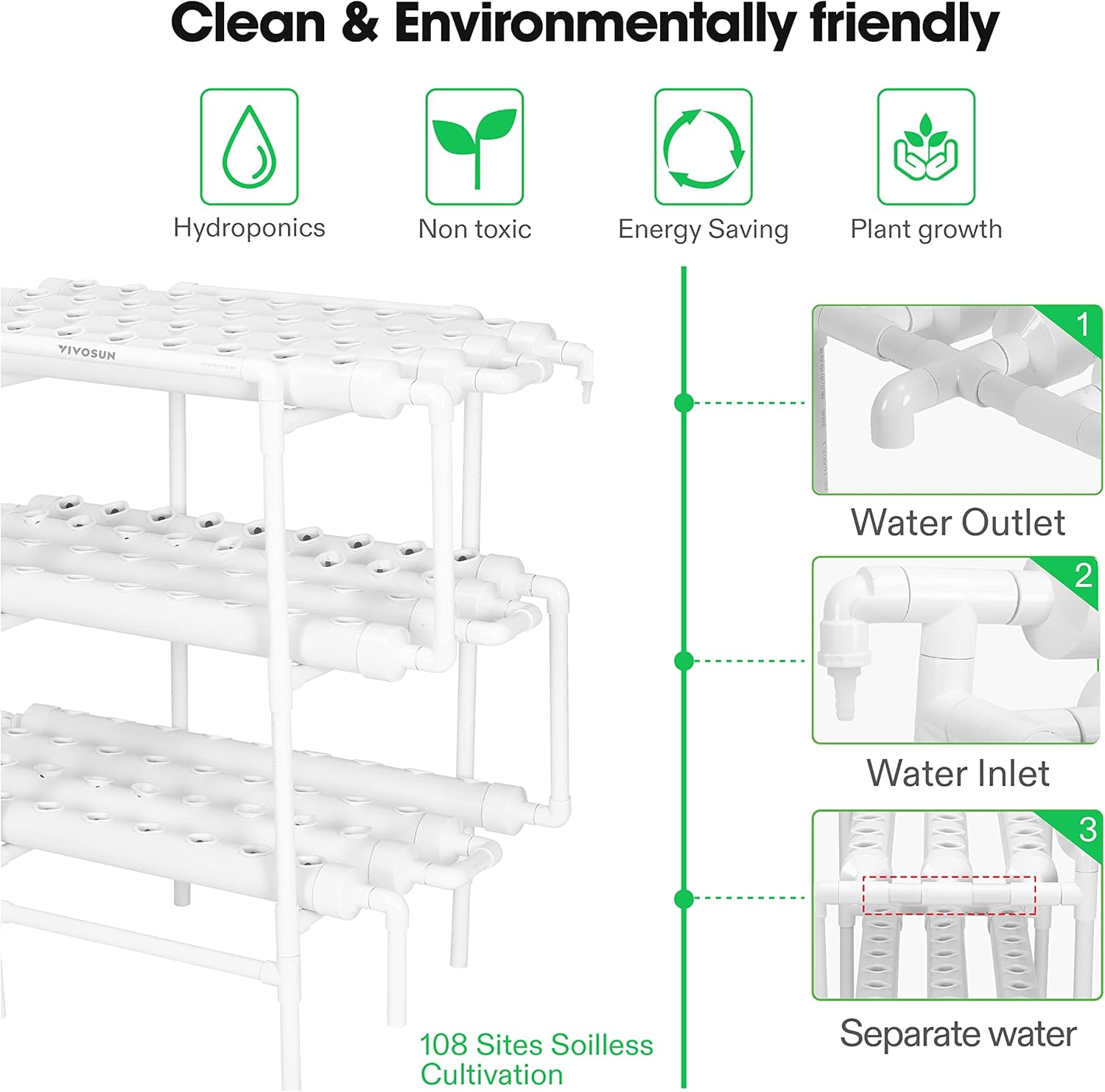 VIVOSUN DWC Hydroponics Grow System, 5-Gallon Deep Water Culture, and Hydroponics Growing System 108 Plant Sites, 3 Layers 12 Food-Grade PVC-U Pipes Gardening System Grow Kit