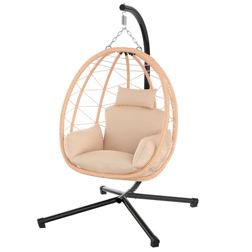 ZENPETIO Hanging Egg Chair with Stand, UV Resistant Cushion & Pillow, 370lbs Capacity – Indoor & Outdoor Use, Rattan Wicker Swing Egg Chair for Patio, Bedroom, Balcony, Beige