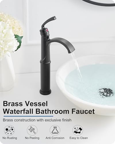 Vessel Sink Faucet, Oil Rubbed Bronze Waterfall Bathroom Sink Faucets, Brass Tall Bathroom Faucet Vanity Faucet 1 Hole Restroom Faucet Single Handle with Pop-up Drain Supply Hose