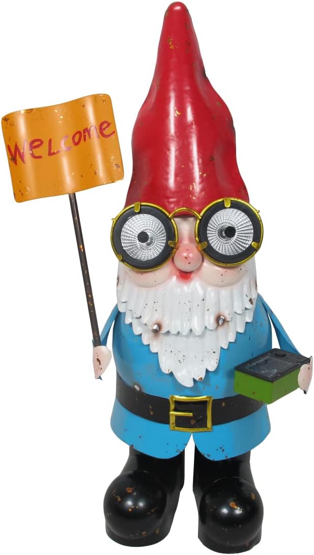 Metal Garden Gnome Statue with Solar Lighted Eyes for Outdoor Decoration, Patio and Lawn Yard Art, Porch Sculpture Ornament, Gift