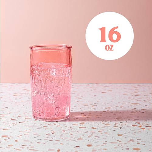 kitchentoolz Pink Colored Drinking Glasses Set of 4 - Yorkshire Tumbler 16 oz Glassware Cups for Ice Cold Drinks, Beverages, Iced Tea - Vintage Kitchen Glass Cup Set - Pink
