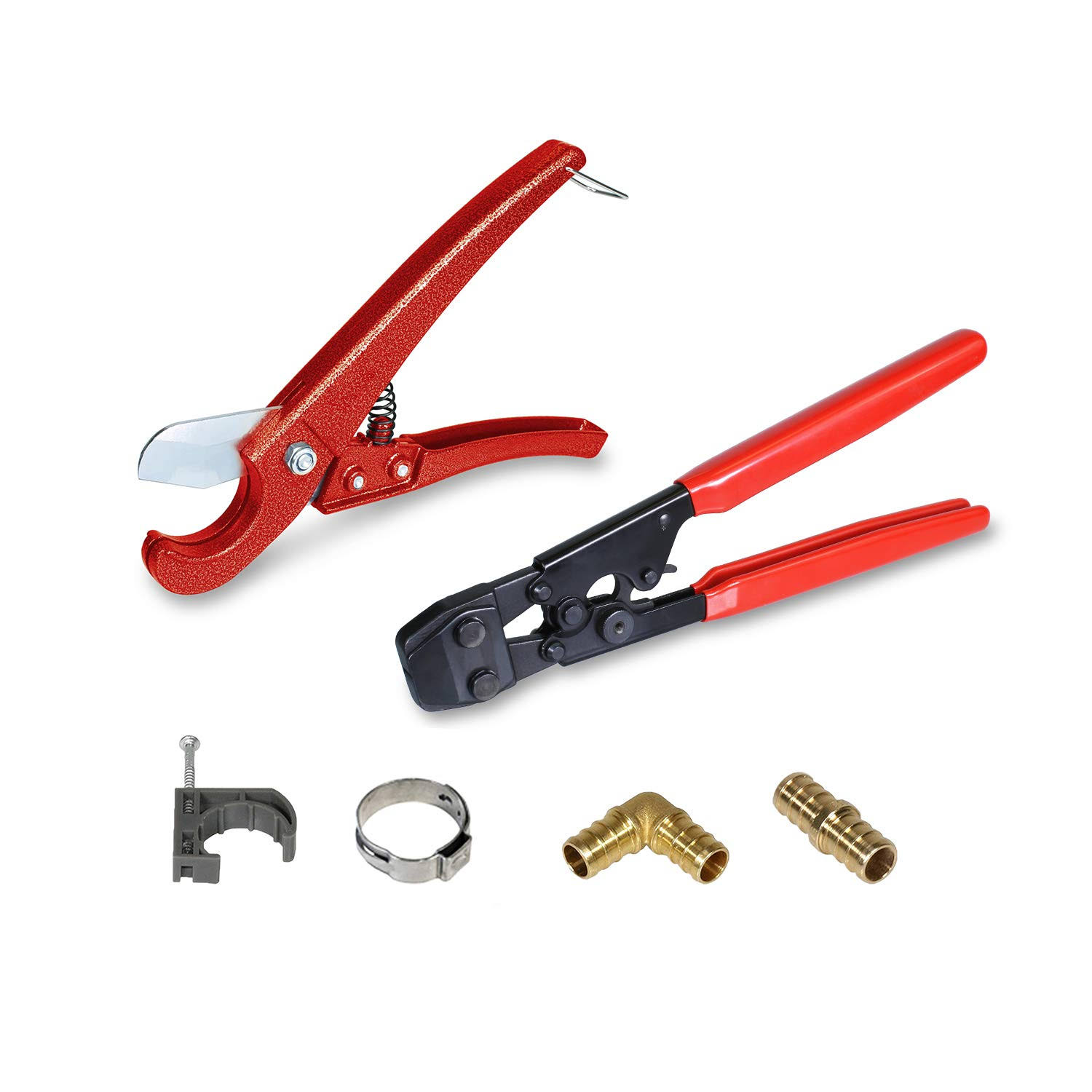Pexflow Pxkt12 PEX Plumbing Kit - Crimper Tool with Lock Hook, Cutter Tool with Carrying Case, Lead Free Brass Barbed 1/2 inch E
