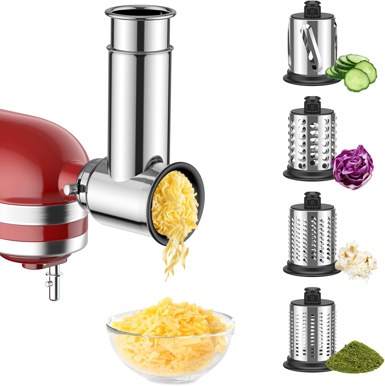 Stainless Steel Cheese Grater Attachment for KitchenAid Stand Mixer, Fresh Prep Slicer Shredder for Vegetable, Grinding Powder Attachment for kitchenaid Dishwasher Safe with 4 Blades