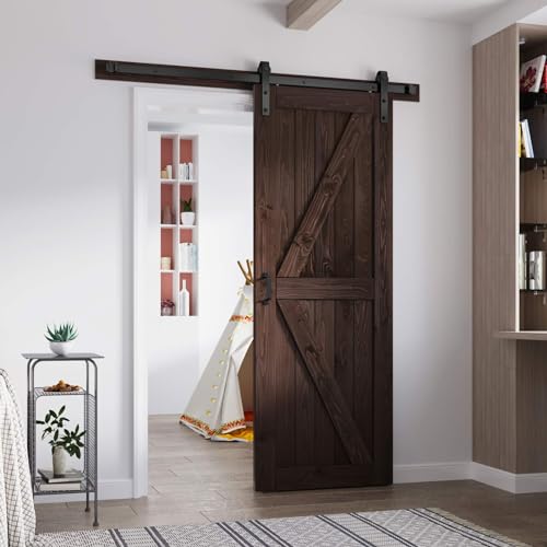 FREDBECK 36in x 84in Brown Barn Door with 6.6ft (79inch) Barn Door Hardware Track Kit and Handle Included, Double Surfaces,Simple Assembly is Required,K-Frame,Coffee