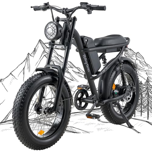 Riding'times 1500W Moped Style Electric Bike, 20 Inch Fat Tire & 6-Layer Full Suspension Ebike, Up to 28MPH & 75 Miles, 15.6AH Removable Battery, All-Terrain E Bike for Mountains, Snow, Sand, Road