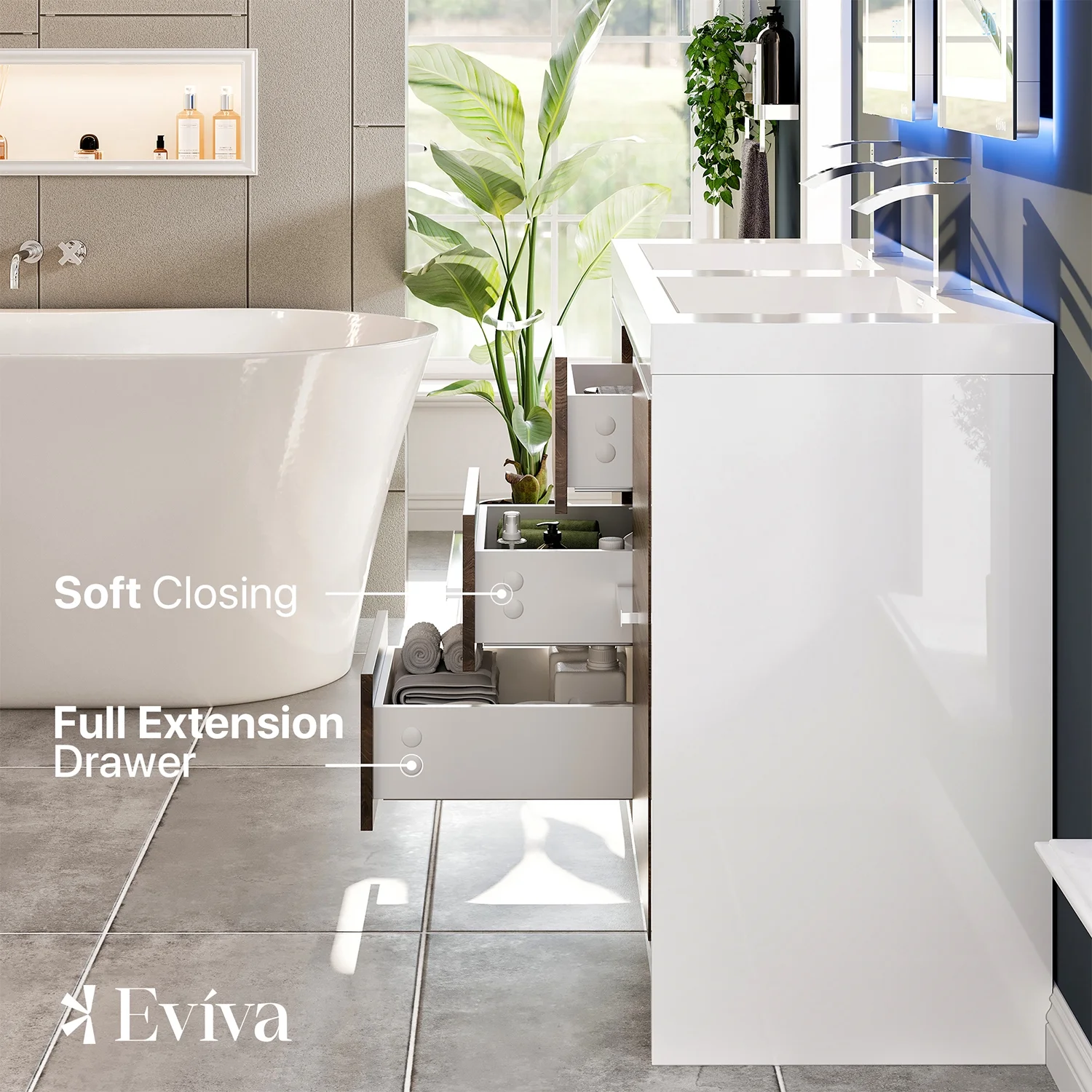 Eviva Grace 60 in. Gray Oak and White Bathroom Vanity with Double White Integrated Acrylic Countertop