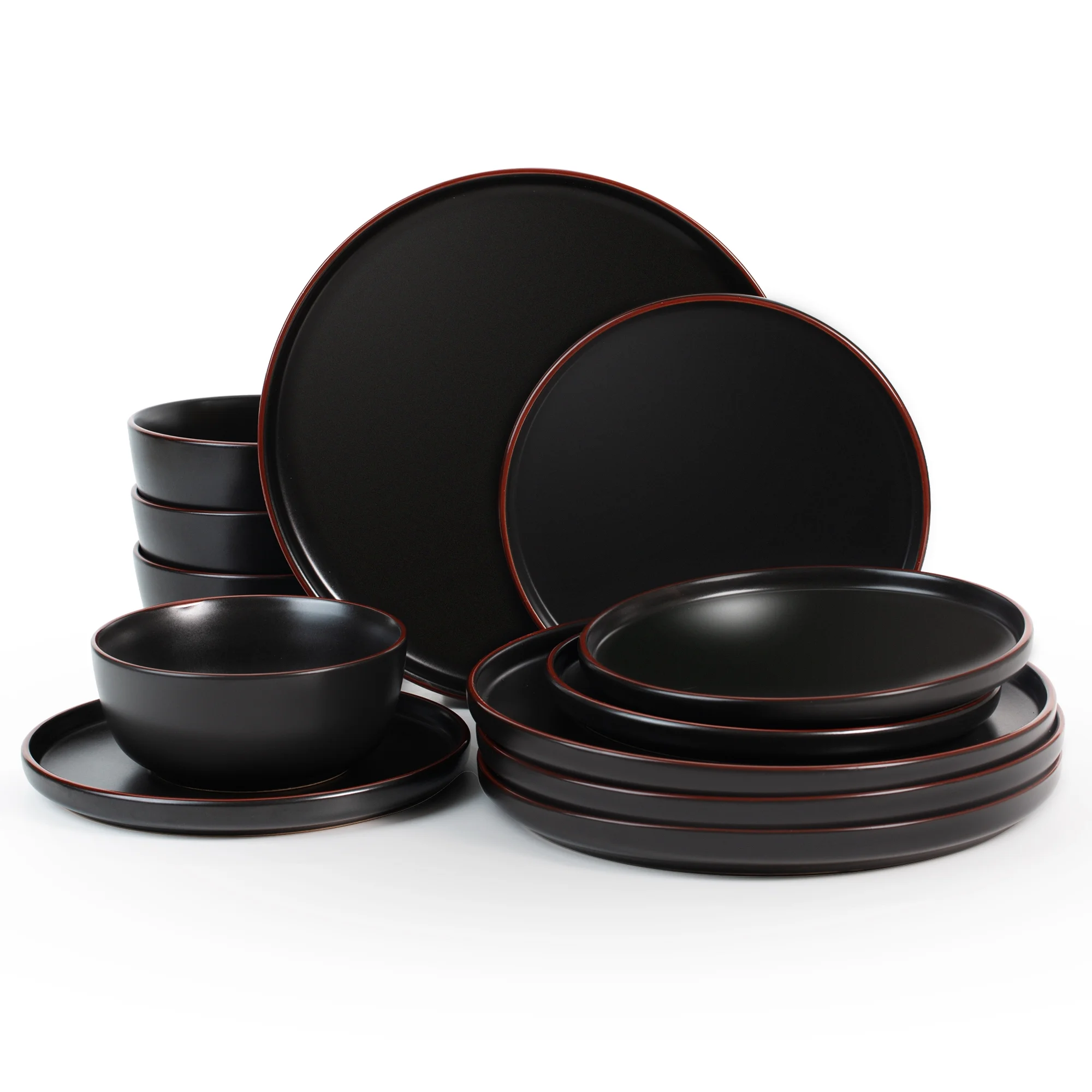 RichMount Mercury Stoneware Dinnerware Sets, 12-Piece Dish Set, Matte Black