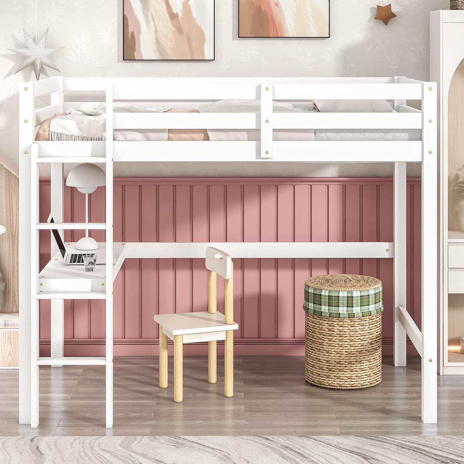 Wooden Twin Size Loft Bed with Desk and Ladder, Sturdy Loftbeds for Kids Teens Bedroom, White
