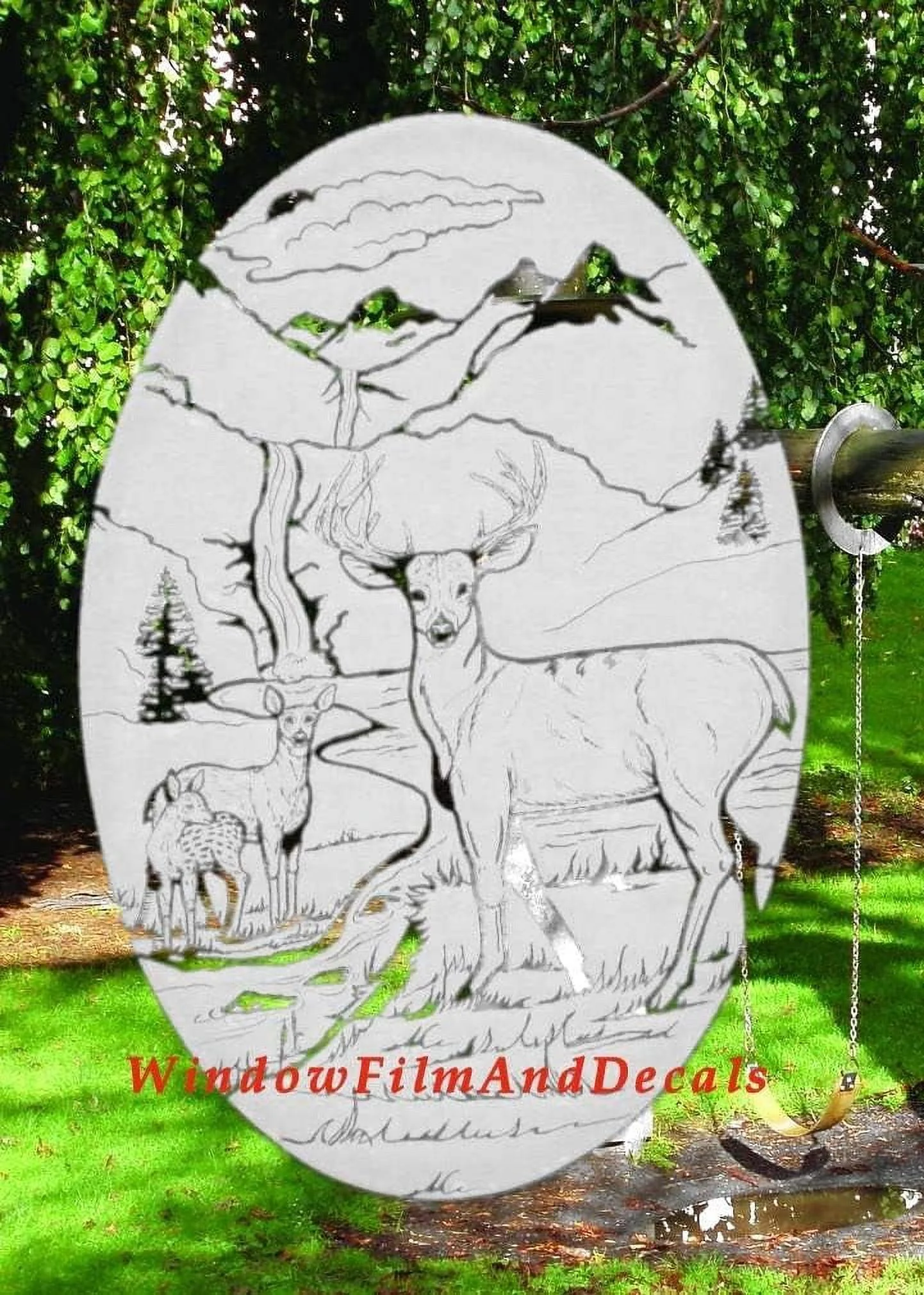 Deer Scene Oval Etched Window Decal Vinyl Glass Cling - 10.5