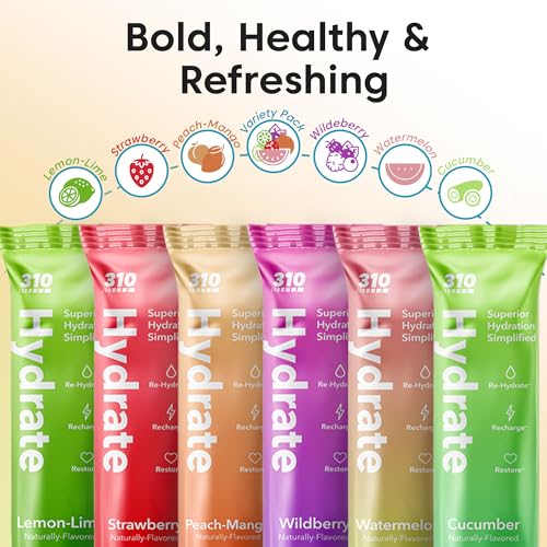 310 Hydrate Lemon Lime Electrolytes Powder Packets - No Sugar Hydration Packets with Key Vitamins & Minerals - Keto Friendly - Tasty Sugar Free Electrolyte Drink - 30 Single Servings