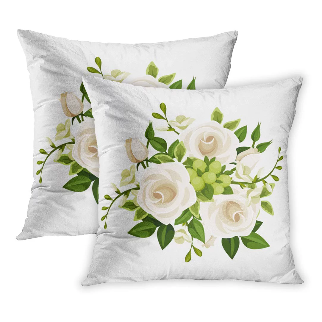 ECCOT Green English Bouquet of White Roses and Freesia Flowers Rosebud Beautiful Beauty Berry Bloom PillowCase Pillow Cover 18x18 inch Set of 2