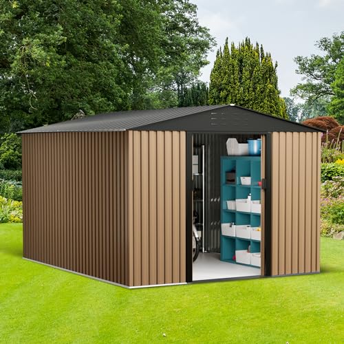 Outdoor Storage Shed, 8 x 6 FT Metal Storage Shed, Metal Garden Tool Shed with Roof, Door & Lock, Waterproof and Anti-UV, for Patio Garden Yard, Brown