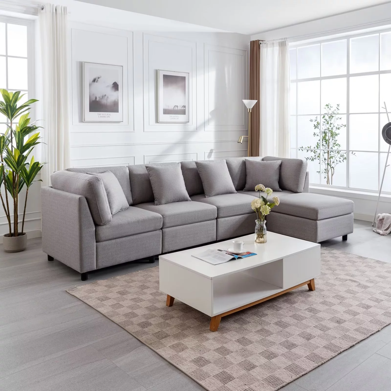 Morden Fort Modular Oversized Sectional Sofa with Chaise Ottman for Living Room Linen Gray