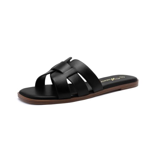 Athlefit Women's Flat Sandals Dressy Summer Square Open Toe Slip On Leather Slide Sandals