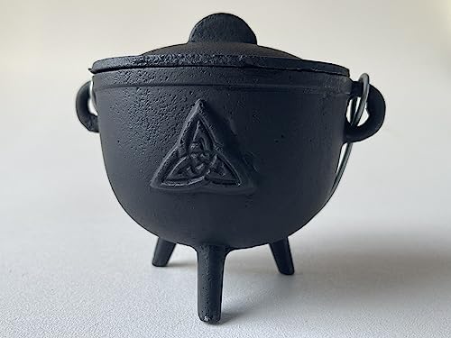Triquetra Cast Iron Cauldron with Lid and Handle, Witches Cauldron, Great for Use with Charcoal Incense, Smudge Sage, 4.25