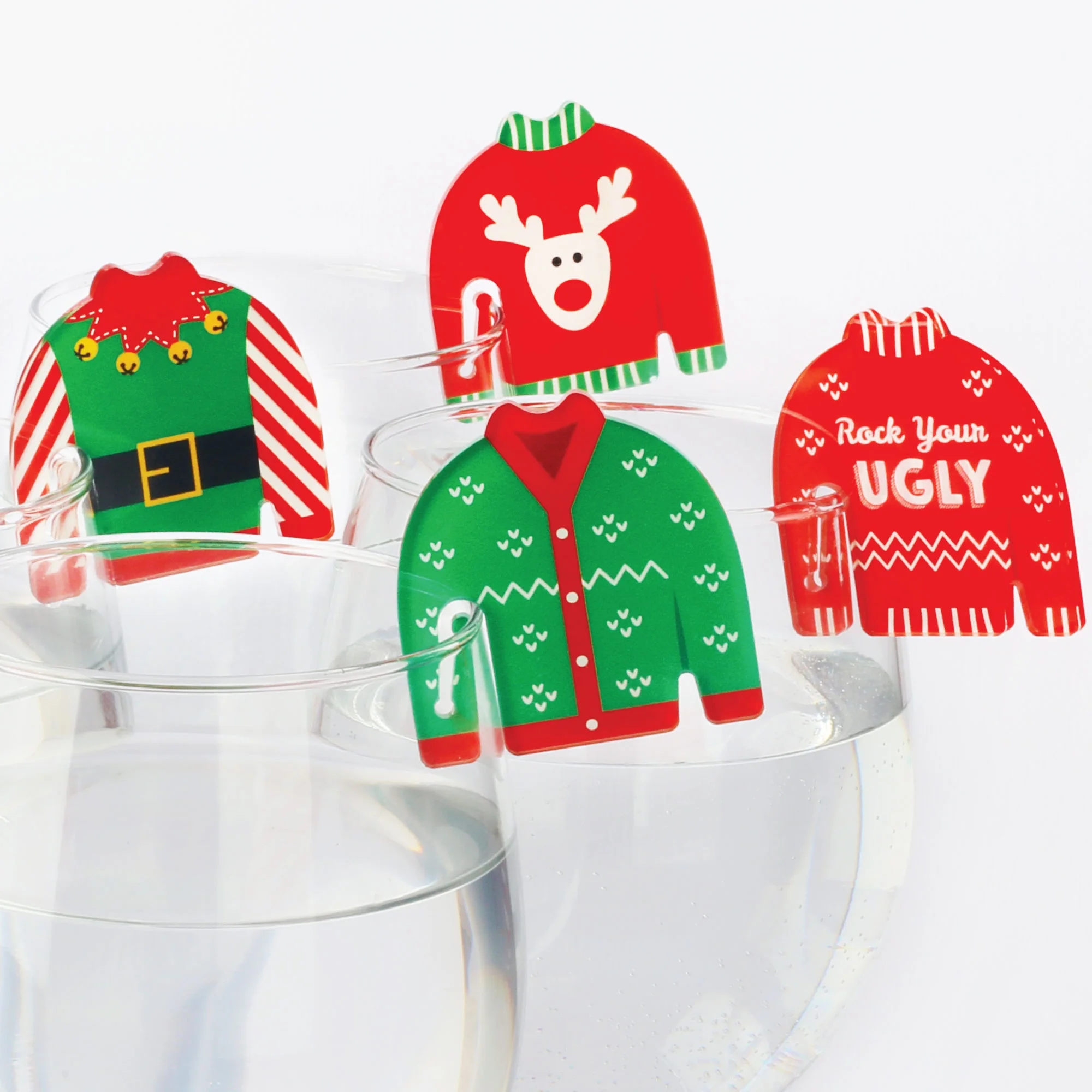 Big Dot of Happiness Ugly Sweater - Holiday and Christmas Party Wine Glass Charms - Acrylic Drink Markers - Set of 20
